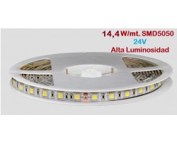 Tira LED 5 mts Flexible 24V 72W 300 Led SMD 5050 IP20 Blanco Cálido Alta Luminosidad